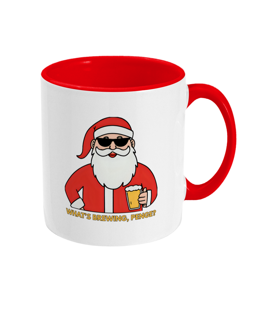 Mug with a cartoon Santa Claus holding a beer and text 'What's Brewing, Penge!' on a white background.